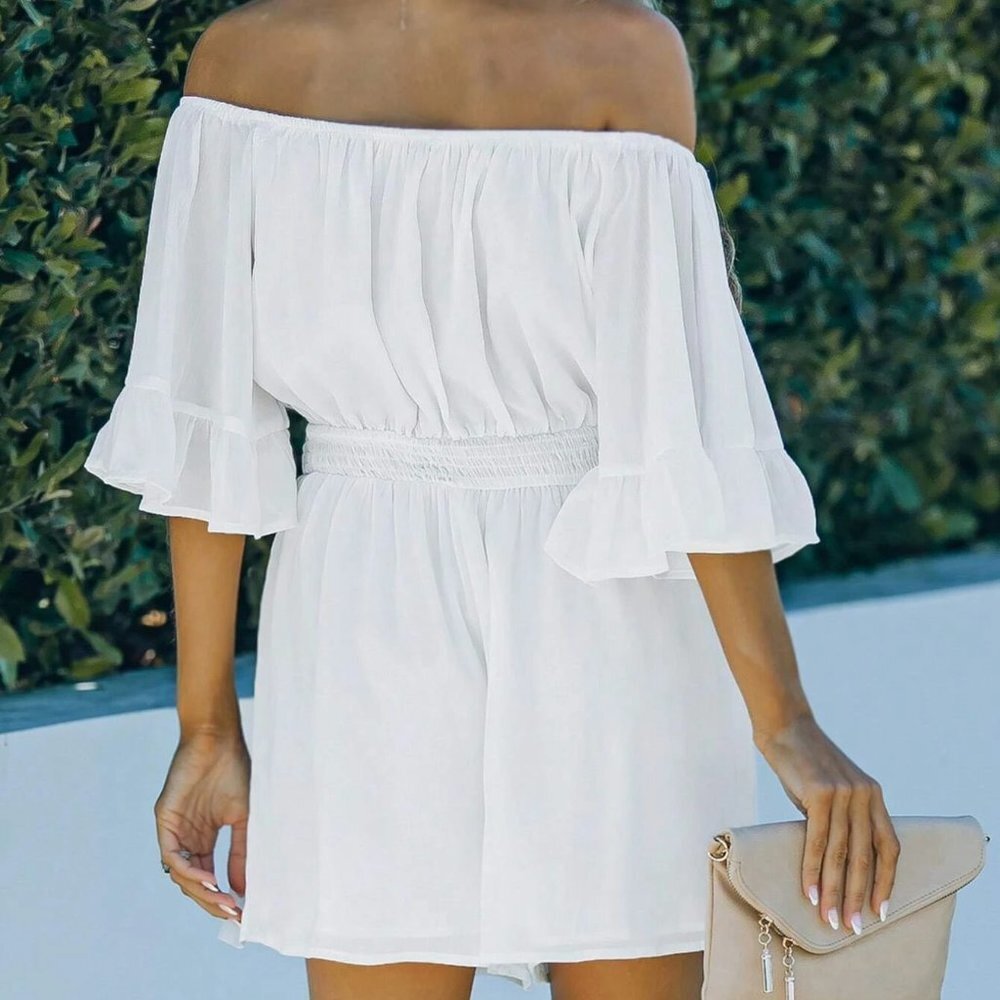 Shirred Detail Off Shoulder Flounce Sleeve Romper white - Picture 3 of 5
